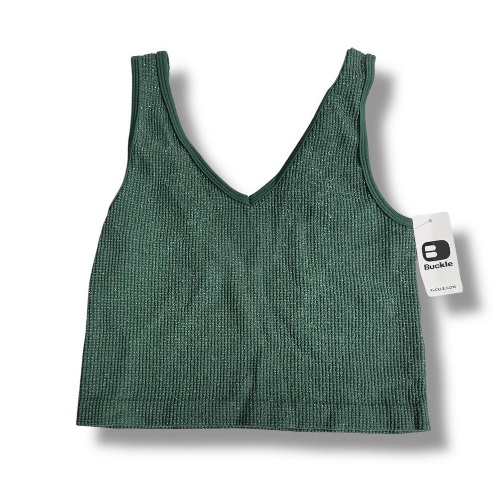 Buckle Womens XS Small Green Solid Metallic Stretch Ribbed Brami Cropped Top NWT